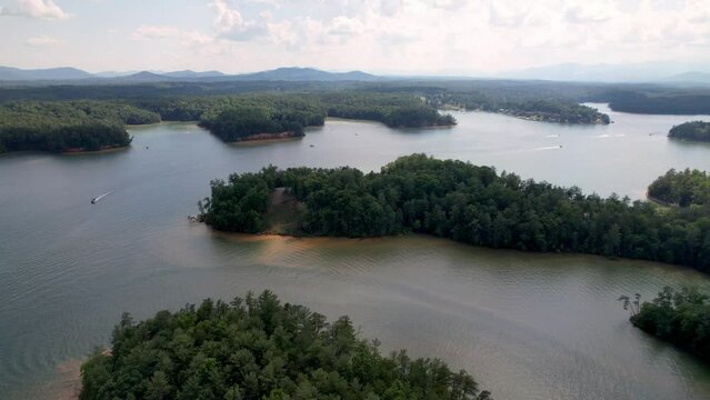 Lake James Reservoir With Motorboat In Foreground, Lake James NC, North Carolina Near Morganton NC