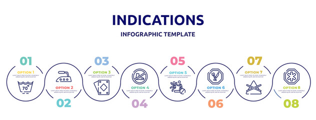indications concept infographic design template. included null, iron high temperature, diamond ace, no shoes, no pushing, restaurant, do not bleach, phary icons and 8 option or steps.