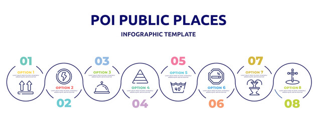 poi public places concept infographic design template. included lift, shock, tray with cover, pyramidal structure, 40 degree laundry, smoke zone, fountain, cross stuck in ground icons and 8 option - obrazy, fototapety, plakaty