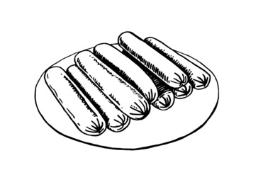 Vector hand-drawn sausages on the plate isolated on white, fast food 