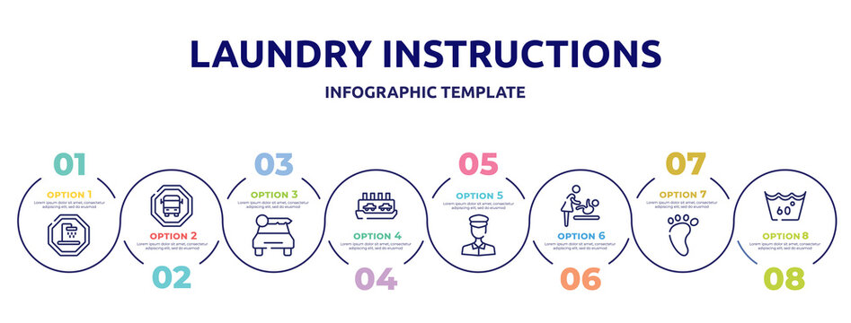 Laundry Instructions Concept Infographic Design Template. Included Shower Place, Scholar Bus Stop, Car Rental, Ferry Carrying Cars, Policeman Figure, Babysitter And Child, Four Toe Footprint, 60