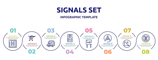 Fototapeta na wymiar signals set concept infographic design template. included round hotel, air taxi, jitney, parking ticket, one way, converging, upstairs, wheel vehicle part icons and 8 option or steps.