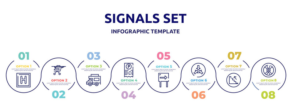 signals set concept infographic design template. included round hotel, air taxi, jitney, parking ticket, one way, converging, upstairs, wheel vehicle part icons and 8 option or steps.