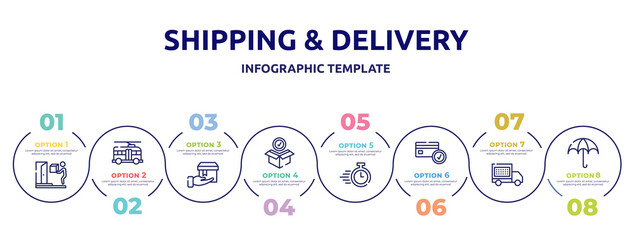 shipping & delivery concept infographic design template. included on door delivery, trolleybuses, delivering, package checking, delivery timer, card check, date, wet protect icons and 8 option or