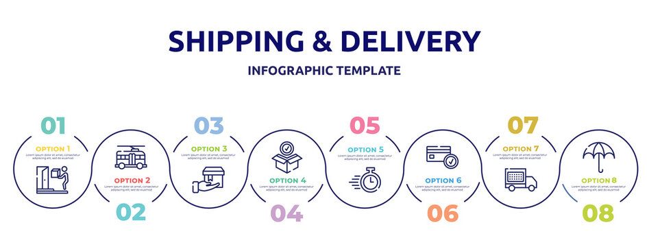 Shipping & Delivery Concept Infographic Design Template. Included On Door Delivery, Trolleybuses, Delivering, Package Checking, Delivery Timer, Card Check, Date, Wet Protect Icons And 8 Option Or