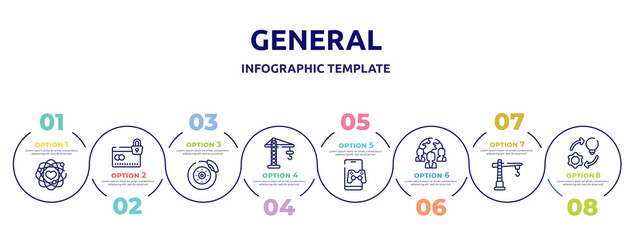 general concept infographic design template. included core values, credit limit, disk brake, building crane, in-game advertising, team, construction crane, implementation icons and 8 option or