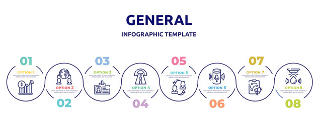 Fototapeta na wymiar general concept infographic design template. included stock prices, outsourcing, user data, road tunnel, on coaching, smart assistant, marketing plan, water sensor icons and 8 option or steps.