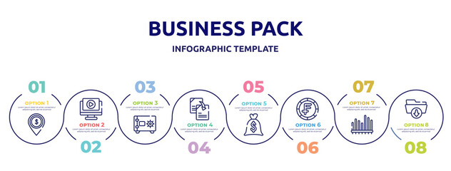 business pack concept infographic design template. included dollar spot, play video, safe locker, duplicate content, big dollar bag, swiss franc coin, seven bars chart, download folder icons and 8