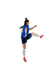 Fototapeta na wymiar Dynamic portrait of female professional soccer, football player practicing isolated on white studio background. Sport, action, motion, fitness concept