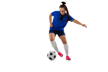 One sportive girl, female soccer, football player training isolated on white studio background. Sport, action, motion, fitness concept