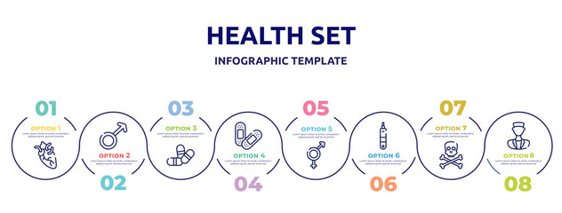 health set concept infographic design template. included heart organ, female, two color pill, sticking plaster, male and female, health thermometer, skull and crossbones, medical doctor icons and 8