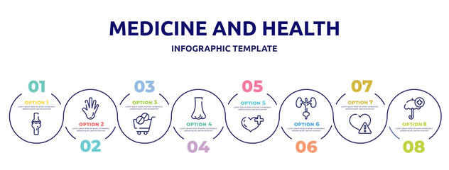 medicine and health concept infographic design template. included ball of the knee, hand showing palm, phareutical delivery, e, heart with a plus, excretory system, disease, umbrella with plus icons