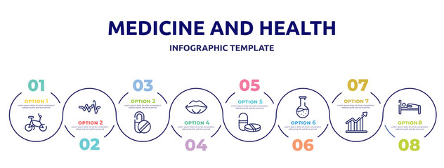 medicine and health concept infographic design template. included bicycle healthy transport, cardiac graphic, capsule, female mouth lips, tablet and capsule medications, test tube and flask,