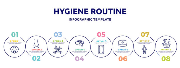 hygiene routine concept infographic design template. included baby boy, smelling, baby walker, infection, bedpan, doctor cap, prosthetic, washing clothes icons and 8 option or steps.