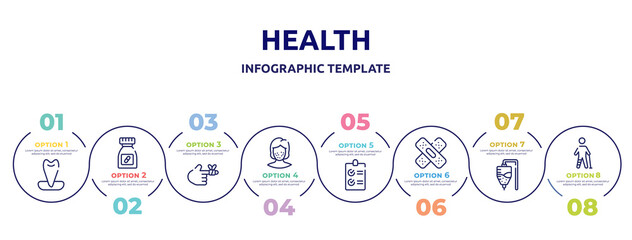 health concept infographic design template. included canine, medicine pills container, bandaged hurt finger, pimples, checked list, null, medicine hanging bag, injured leg of man icons and 8 option