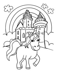 Unicorn with castle coloring page for kids. Children design.