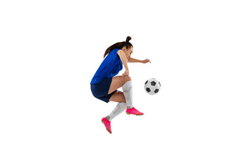 Fototapeta na wymiar Studio shot of young female soccer, football player workout isolated on white studio background. Sport, action, motion, fitness concept