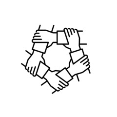 Unity and teamwork icon. Togetherness and cooperation concept. Helping hand symbol. Group of five business people holding arms.