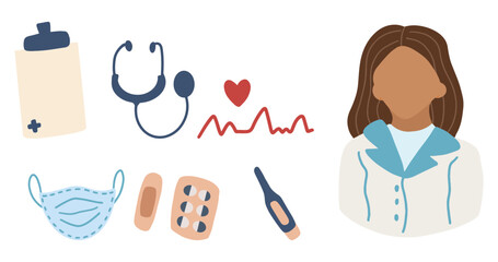 doctor character and medical equipment set on isolated background