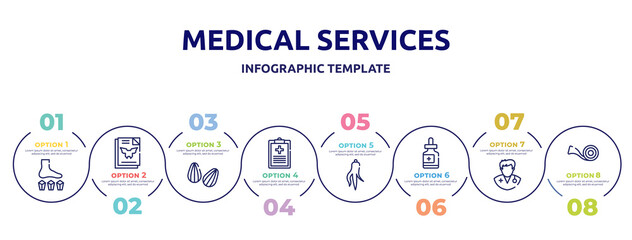 medical services concept infographic design template. included mineral therapy, inkblot test, almond, medical result, ginseng, fluid, doctors, medical tape icons and 8 option or steps.