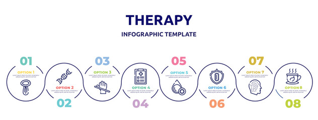 therapy concept infographic design template. included celery, adn, latex, examination, platelet, immunity, allergy, herbal tea icons and 8 option or steps.