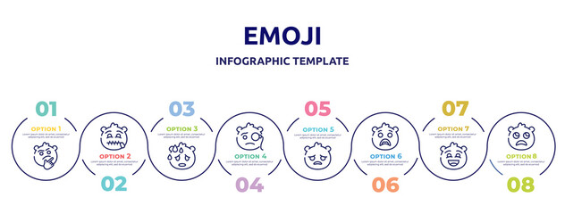 emoji concept infographic design template. included curious emoji, secret emoji, sweating monocle sad surprise excited slightly frowning icons and 8 option or steps.