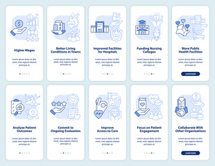 Healthcare system reform light blue onboarding mobile app screen set. Walkthrough 5 steps editable graphic instructions with linear concepts. UI, UX, GUI template. Myriad Pro-Bold, Regular fonts used