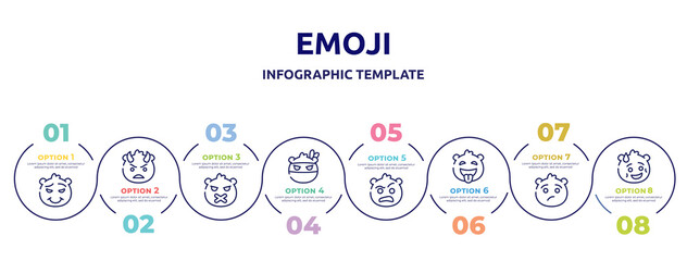 emoji concept infographic design template. included proud emoji, angry with horns emoji, silent ninja sceptic tongue out annoyed shy icons and 8 option or steps.