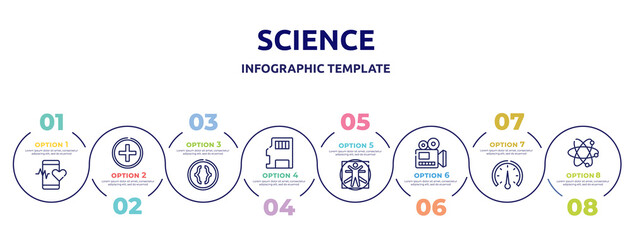 science concept infographic design template. included medical app, hospital, parentheses, sd, vitruvian man, documentary, barometer, atoms icons and 8 option or steps.