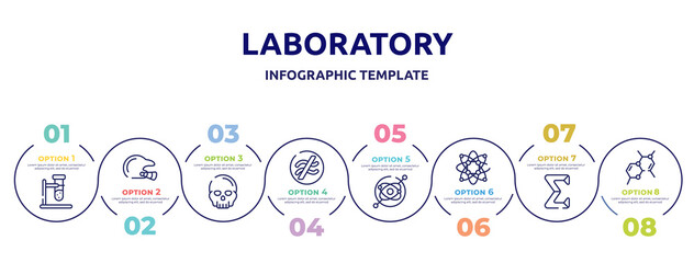 laboratory concept infographic design template. included biochemistry, baseball helmet, anthropology, is approximately equal to, gyroscope, protons, sigma, chemical bond icons and 8 option or steps.