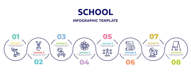 school concept infographic design template. included cheerleader, botanic, raising hand, neutrons, libra, passed, alarm bell, flipchart icons and 8 option or steps.