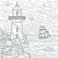 Lighthouse and ship.Landscape.Coloring book antistress for children and adults. Illustration isolated on white background.Zen-tangle style. Hand draw