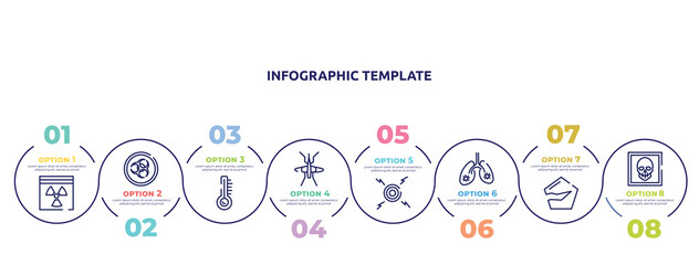 concept infographic design template. included hazmat, epidemic, temperature, mosquito, pain, infected lungs, broken, skull icons and 8 option or steps.
