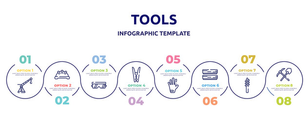 tools concept infographic design template. included davit, iron helmet, protection glasses, clothespin, left glove, boards, drill tip, mine icons and 8 option or steps.