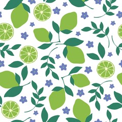 Seamless citrus pattern. juicy limes on a branch and flowers. white background. Fashionable print for textiles and wallpaper.