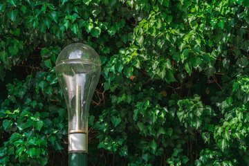 A glass street lighting lamp on a green metal pole on the left side against a background of dense dark green leaves of a living wall, free copy space.