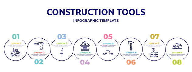 construction tools concept infographic design template. included farm tractor, perforator, kirpan, lodge, brace, battle axe, tubes hook, planer icons and 8 option or steps. - obrazy, fototapety, plakaty