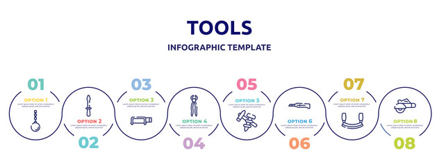 tools concept infographic design template. included wrecking ball, screwdriver pointing up, hacksaw with handle, nail puller, construction tools, stationery knife, mezzaluna, electric saw icons and