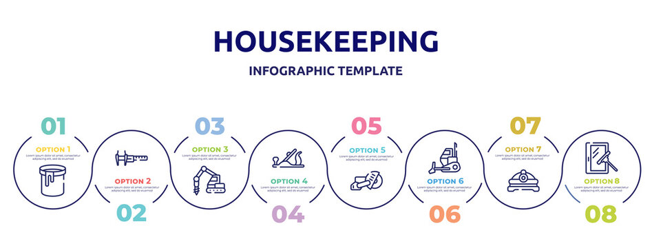 housekeeping concept infographic design template. included paint can open, calipers, trucking, plane controls, big saw, bulldozing, torch helmet, window cleaner icons and 8 option or steps.