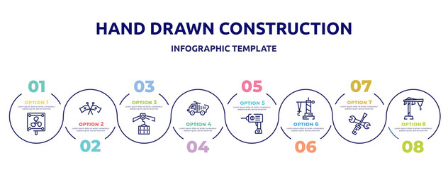 hand drawn construction concept infographic design template. included vent, flags crossed, derrick with load, construction materials transport, hine drill, derrick facing right, screwdriver and