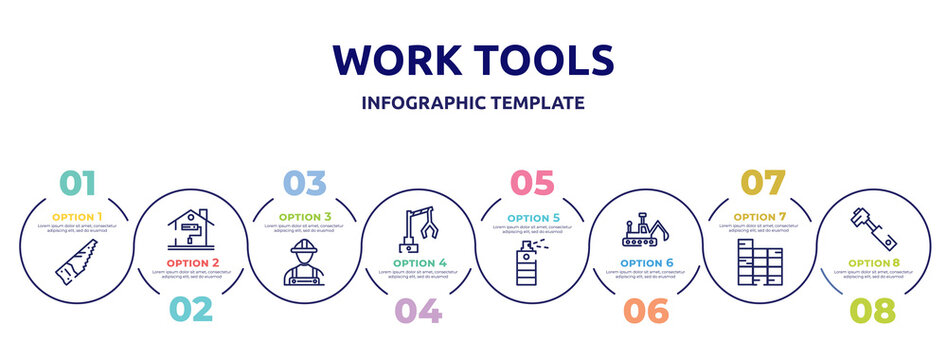 work tools concept infographic design template. included saw hand drawn tool, painting home, constructor hand drawn worker, backhoes, paint spray can, construction excavator, constructing a brick