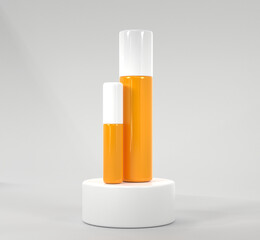 Cosmetics bottles on display podium, mock up banner. Orange tubes of beauty cosmetic skin care products on cylindrical stage. Sunscreen, face cream, oil or body lotion on white background, 3d render