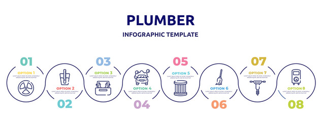 plumber concept infographic design template. included radiation, tester, nuts and bolts, car wash, oil filter, cleaning mop, hydraulic breaker, boiler icons and 8 option or steps.