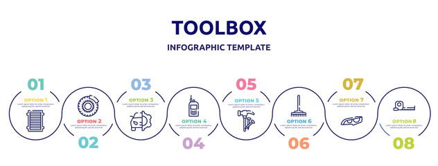 toolbox concept infographic design template. included air filter, brake disc, car service, portable radio, hammer and nail, gardening rake, headlights, open scale icons and 8 option or steps.