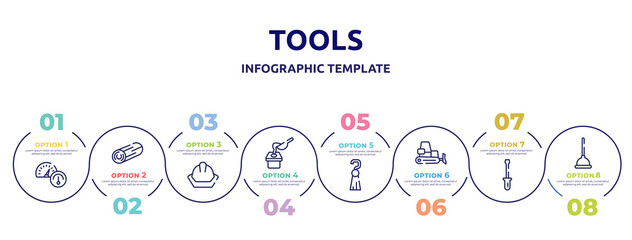 tools concept infographic design template. included oil gauge, woods, head protection, crucible, tassel, dozer, screwdrivers, plunger icons and 8 option or steps.