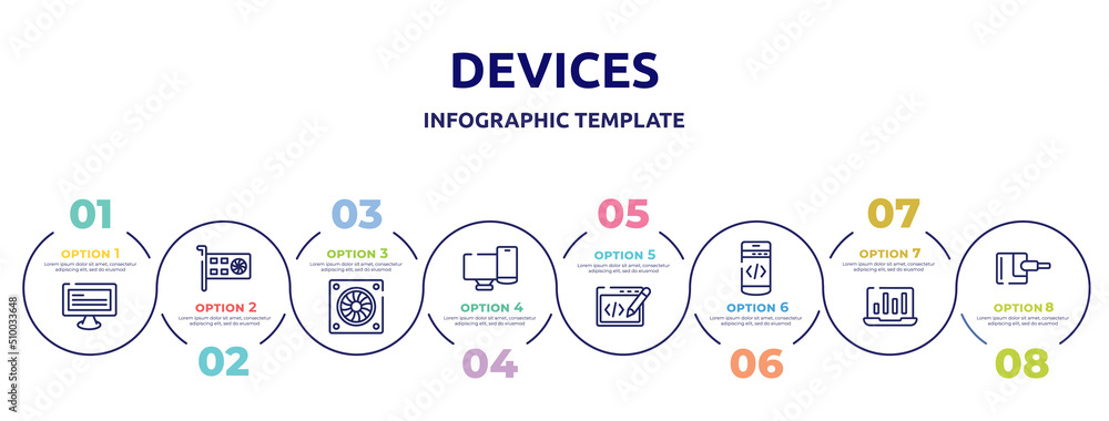 Poster devices concept infographic design template. included monitor with text, null, computer fan, screens