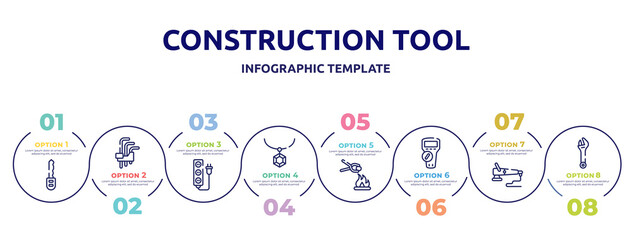 construction tool concept infographic design template. included car key, hex key, extension cord, rhinestone, furnace, multimeter, polisher, spanner icons and 8 option or steps.