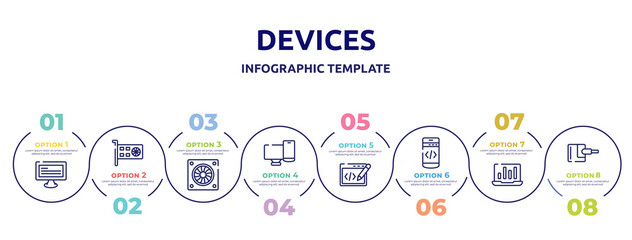 Fototapeta na wymiar devices concept infographic design template. included monitor with text, null, computer fan, screens, editing code, mobile programming, stats on a screen, power adapter icons and 8 option or steps.