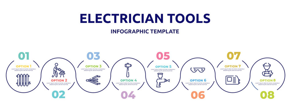 electrician tools concept infographic design template. included radiator, carpenter, bellows, sledgehammer, spray paint gun, eye protection, welding hine, electrician icons and 8 option or steps.