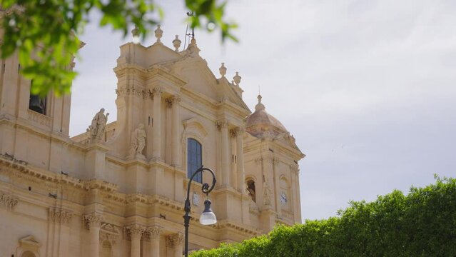 Closeup of the catholic cathedral of Noto Sai Nicholas of Myra in Sicily, Italy.